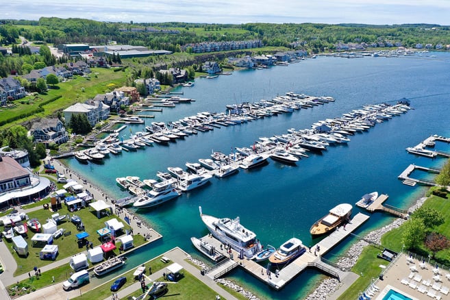 Aerial view of boats docked in Bay Harbor Lake Marina