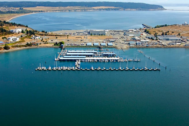 Aerial view of boats docked in the Oak Harbor Marina