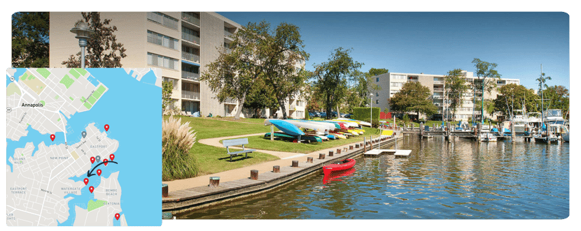 The Marina at Nautilus Point is a short water taxi ride away from downtown