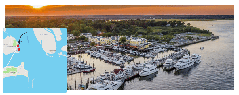 Located at the mouth of The Connecticut Rive, Saybrook Point Marina overlooks the sunset