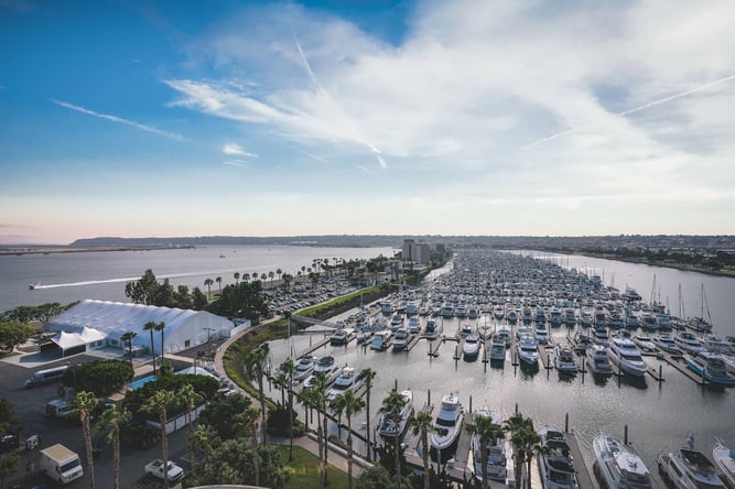 View of boats docked in Safe Harbor Carbillo Isle, flanked by palm trees and clear water.